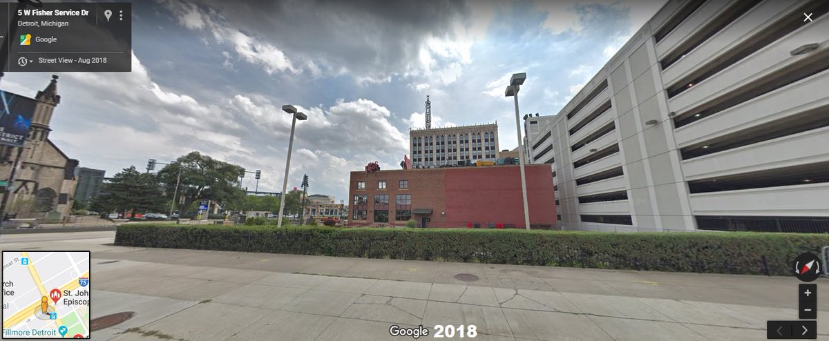  #Detroit, Woodward & Fisher Svc Rd, 1985-2018. On Aug 10, rock band REM played an evening gig at Fox Theatre (opening act: The Replacements). Members Bill Berry & Mike Mills played some catch in the vacant lot across from St John's Episcopal. A Brewster tower rose in the distance