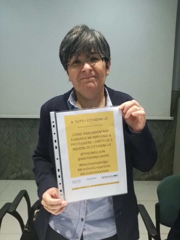 BRITISHinITALY's tweet photo. Grazie Maria Cecilia Guerra, candidata alle elezioni europee per Art. 1 con il PD Nord Est per aver preso l'impegno di sostenere i diritti dei cittadini britannici in Italia post Brexit. #citizenspledge @BritishInEurope @the3million https://t.co/h0XaZy6RTO