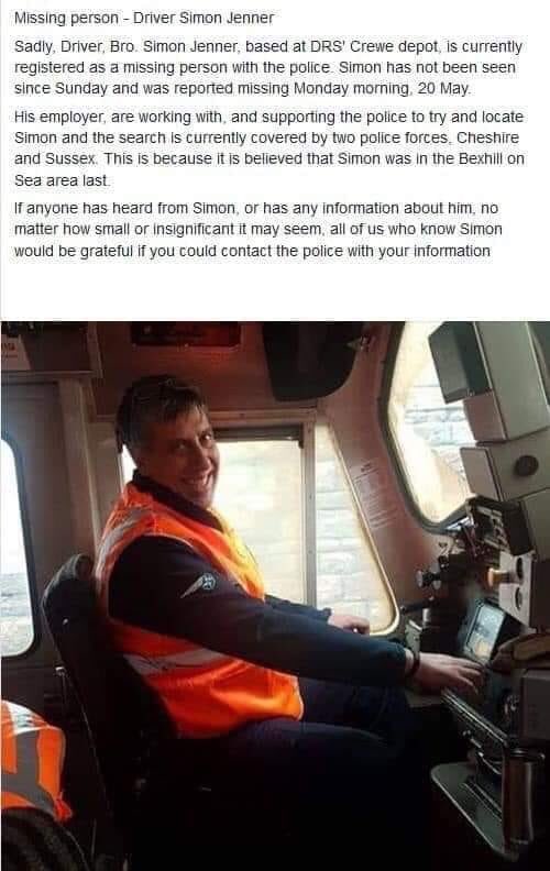MattWillisRail's tweet photo. @RAIL @Clinnick1 Please #Retweet #SimonJenner #Crewe @RailFreight @VirginTrains @LNRailway @tfwrail @SouthernRailUK #BexhillOnSea #Missing @TfL #Cheshire #Sussex @BTP @BTPLondon https://t.co/zrKbR6Z837