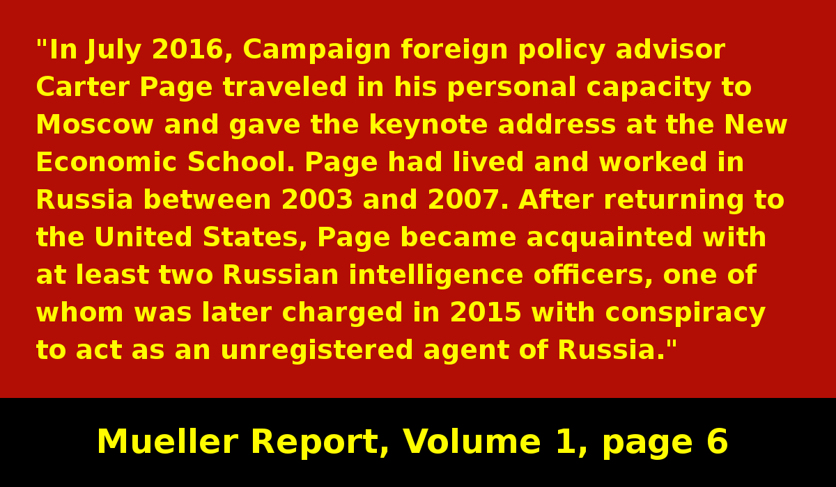 Trump campaign advisor Carter Page meets with Russian intelligence agents. #MuellerReport  https://www.justice.gov/storage/report.pdf