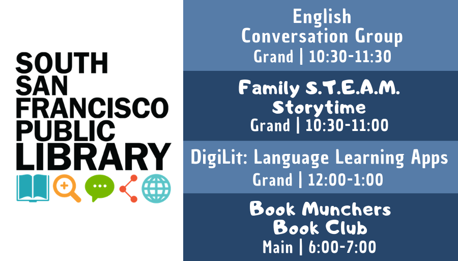 SSFLibrary's tweet photo. Thursday's classes &amp; workshops at SSFLibrary! Let's Learn! 😃 https://t.co/iNxb0iwKug 

#LanguageLearners #STEAM #SSFStorytime #DigitalLiteracy #BookMunchers #EllRayJakes
@CityofSSF https://t.co/F9RyJjWPT4