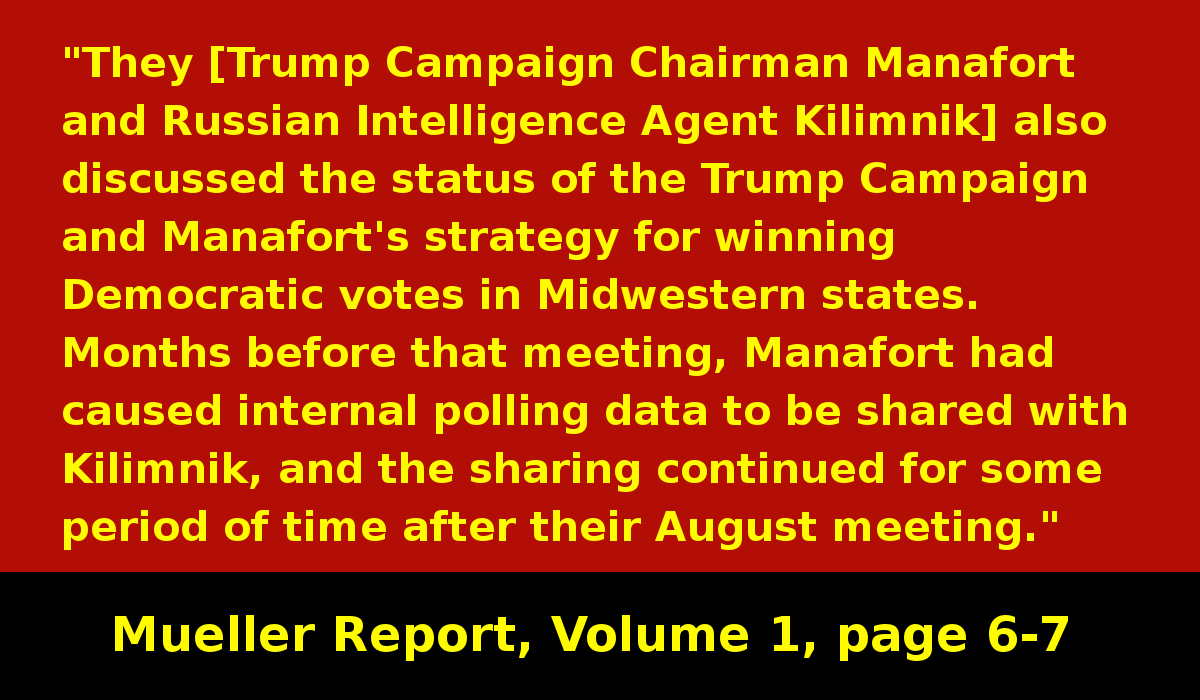 Trump campaign chairman Manafort discusses campaign strategy with and shares campaign polling data with Russian agent Kilimnik.(That sure sounds like coordination to me. what do you think?) #MuellerReport  https://www.justice.gov/storage/report.pdf