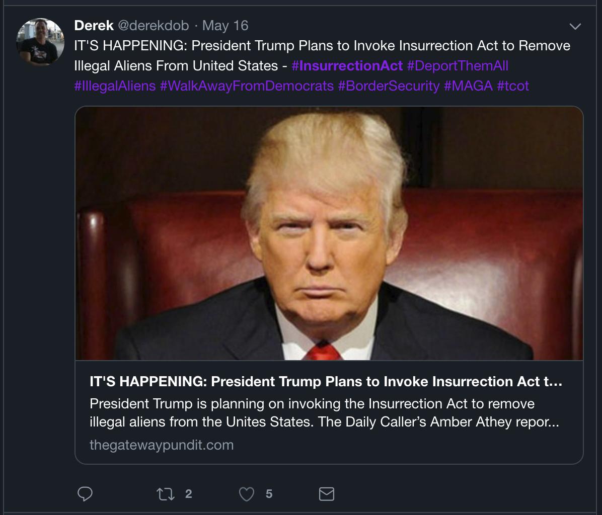 SecretQMafia's tweet photo. #QAnon is the far-right conspiracy network that everyone's ignoring. A new trend in the #STQRM conspiracy world is the belief that 45 will invoke the Insurrection Act to remove all immigrants from the US. On one hand it's a prophecy, on the other it's a suggestion. #WWG1WGA https://t.co/J7o6Y0WXF7