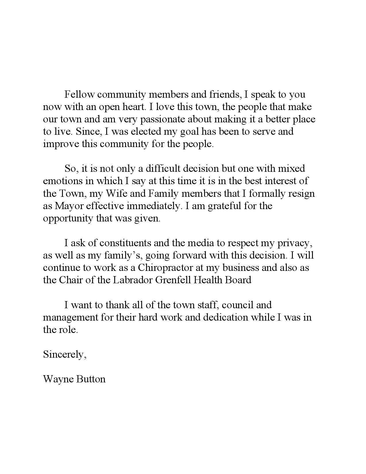 Wayne Button resigned as mayor of Labrador City on Wednesday, May 22 and posted this message on twitter.