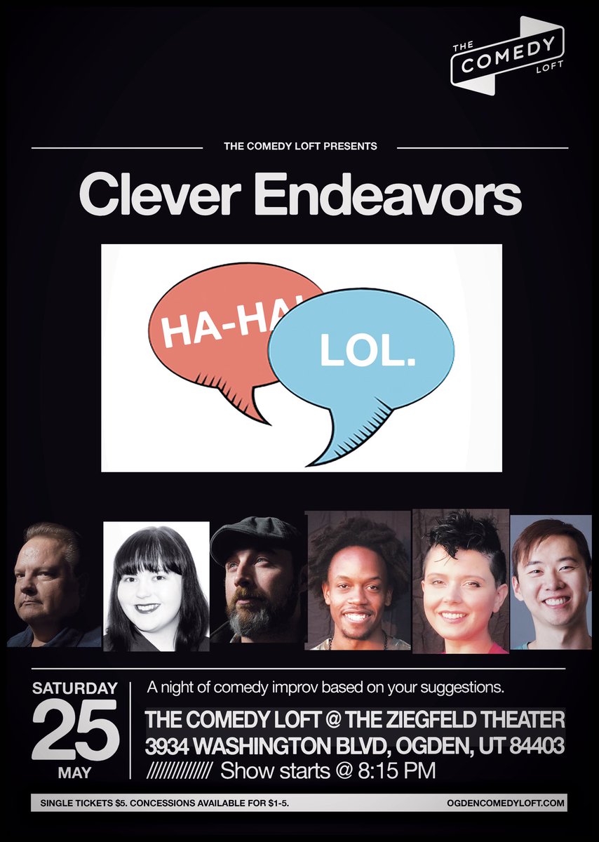 #CleaverEndeavors take audience suggestion and create #improv magic!  Featuring Bill Avis, Joee Avis, Stephen St. Peter, Jordan Sanders, Haleigh Graham, &amp; Matthew Tse. Hosted by Christina Miller.
#ogdenimprov #improvcomedy #myogden #visitogden #indieogden #ogdenarts #ogdencomedy