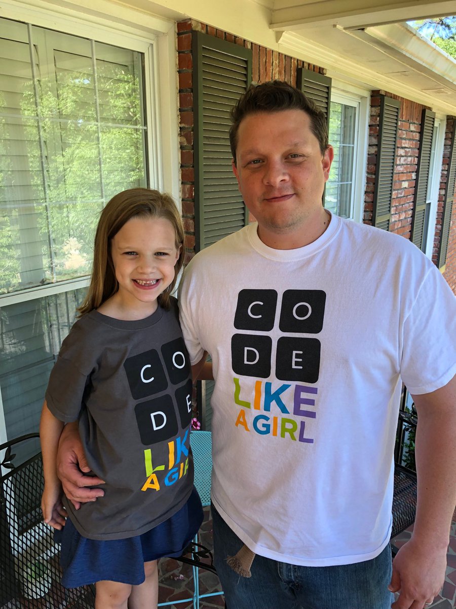 AlishaLitCoach's tweet photo. She was super excited to wear her #codelikeagirl shirt to school. She wanted a picture with her daddy and STEAM teacher! 😍@VinnyCSed @SteamWillcox @TeachCode @CSforAllTchrs @codeorg @HooverSchools #HCSstrong #GVESpride https://t.co/M3IC9q4jFO