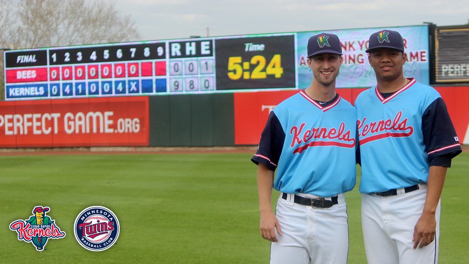 MiLB's tweet photo. 🌽It's a no-hitter!🌽

#MNTwins prospects Austin Schulfer and Jose Martinez combined for the 15th no-no in @CRKernels history.

📰: https://t.co/bV2UUNnK7i https://t.co/kgoWNV7vOT