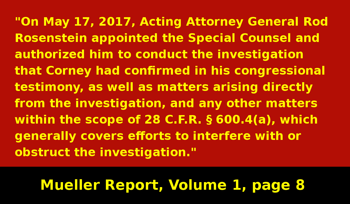 May 17, 2017: Acting AG Rod Rosenstein appoints Robert Mueller as Special Counsel and authorizes him to conduct the investigation that Comey had started into Russian interference, as well as matters arising directly from the investigation. #MuellerReport  https://www.justice.gov/storage/report.pdf