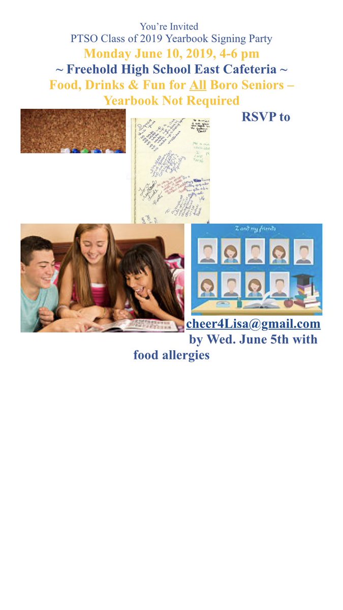 FreeholdBoro19's tweet photo. FREE FOOD: Senior yearbook signing for SENIORS ONLY rsvp with the info belo for free Bubbakoos, la Rosa, Cuzzins, Dunkin’ Donuts, auntie Anne’s, and more. You will also be able to get your cap and gown here. https://t.co/MuafModB8w