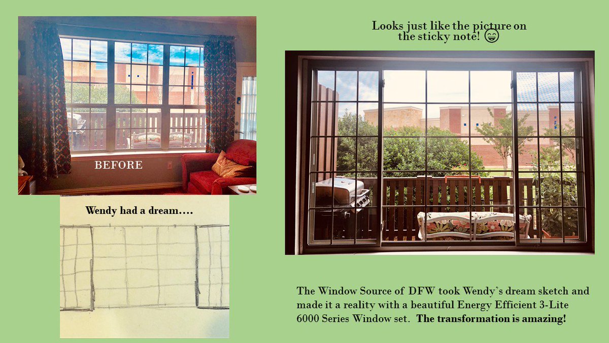 DFWWindowSource's tweet photo. Our customer, Wendy, had a dream! Chris Pound, owner of The Window Source of DFW transformed her dream window into reality!  We installed a beautiful #3liteslider #singlehung window set.  What a beautiful transformation!
Call us today so we can make your dreams come true! https://t.co/rmuzmtEzHu