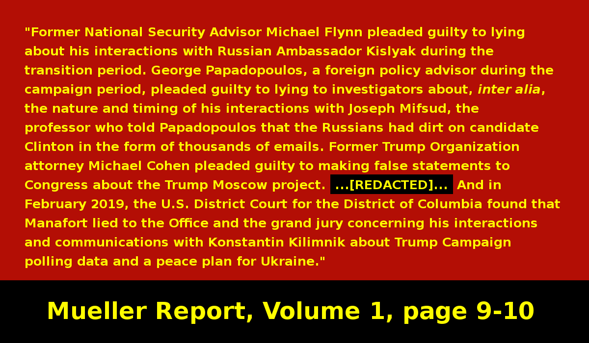 Trump associates: Michael Flynn, George Papadopoulos, Michael Cohen, Paul Manafort and [REDACTED] all lied to Mueller and impeded the investigation into Russia's interference with the 2016 US presidential election.  #MuellerReport  https://www.justice.gov/storage/report.pdf