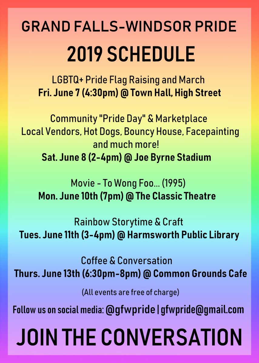 Our Schedule of Events for #grandfallswindsor #Pride2019🌈 Please retweet! @towngfw @cbcnfldmorning @CBCNL @VOCMNEWS @ConnectorNLCen @CentralHealthNL @NLESDCA @CentralVoice_Ca @GarrettBarry