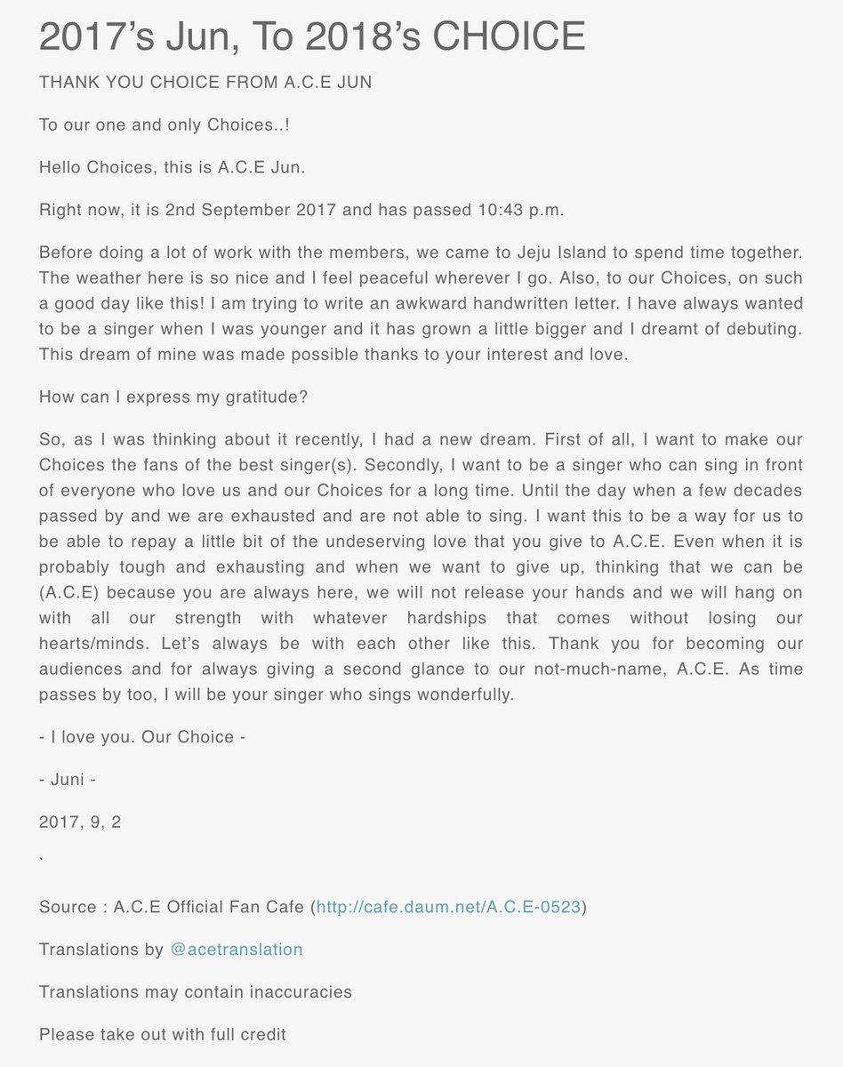 OnThisDayACE's tweet photo. [180523] // One Year Ago

Beat uploads the letter that 2017 Jun wrote to 2018's Choice in the fan cafe.

[🖇️] https://t.co/7n8nmcY19e
[🖇️] Translations: https://t.co/kN4TOmzAGL

#ACE #에이스 #1YearWithACE #Jun #준 https://t.co/2zDrbDrFZc