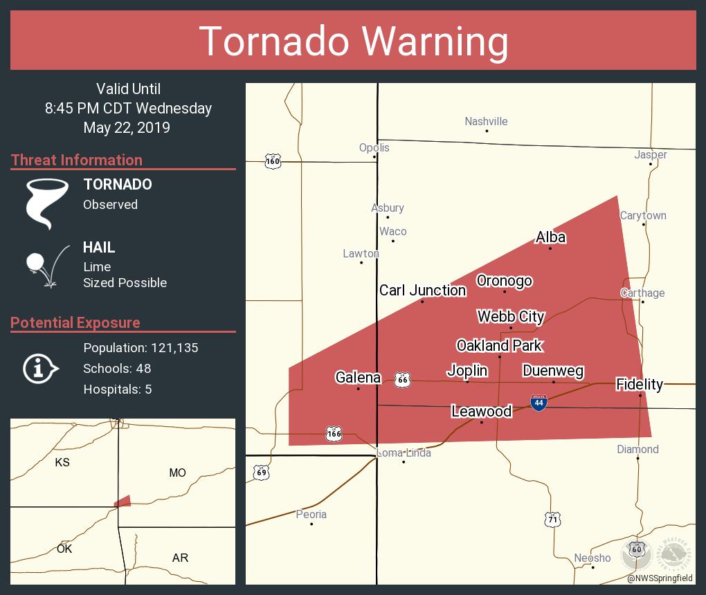 NWSSpringfield's tweet photo. Tornado Warning including Joplin MO, Webb City MO, Carl Junction MO until 8:45 PM CDT https://t.co/hBschj0c6Q