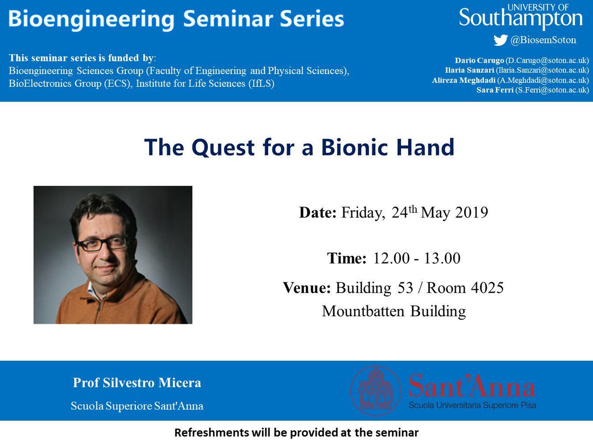 BioSemSoton's tweet image. TOMORROW! Don’t forget to come to our seminar to find out more about bionic hands! @MiNaTherGroup @uos_bioengsci @UoSEngineering @ScuolaSantAnna
