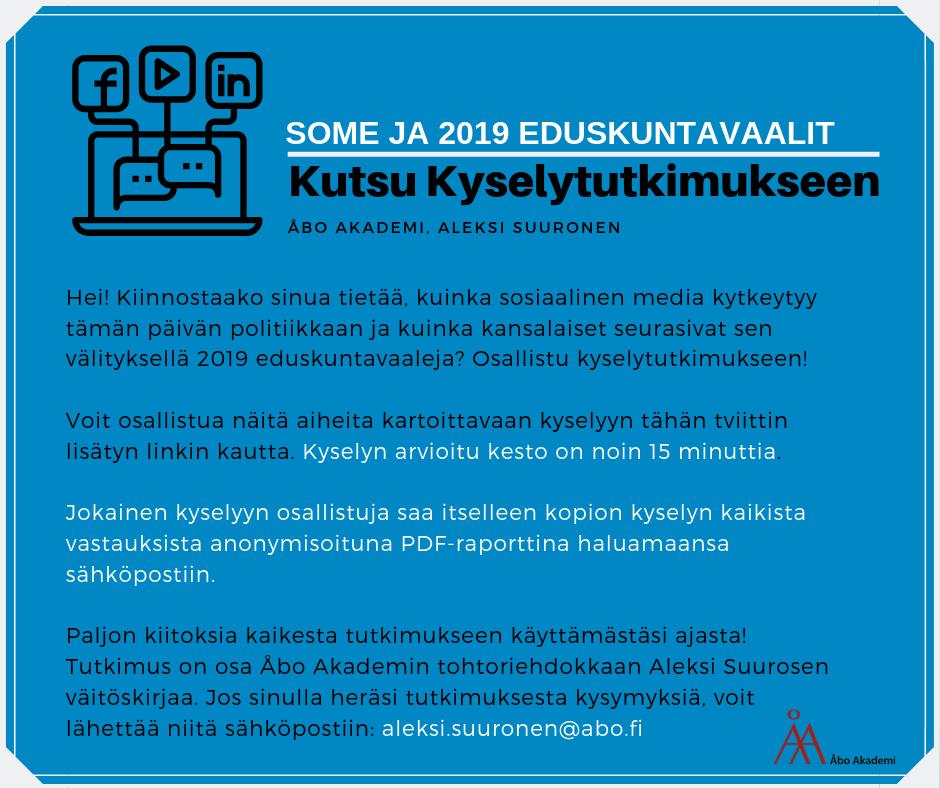 2019_some's tweet photo. Kutsu kyselytutkimukseen:
https://t.co/axfRx8Va6u

Pääset kyselyyn yläpuolen linkistä, ja tutkimuksen lisätiedot löytyvät tämän tviitin kuvasta. https://t.co/EAuw0oVmfX