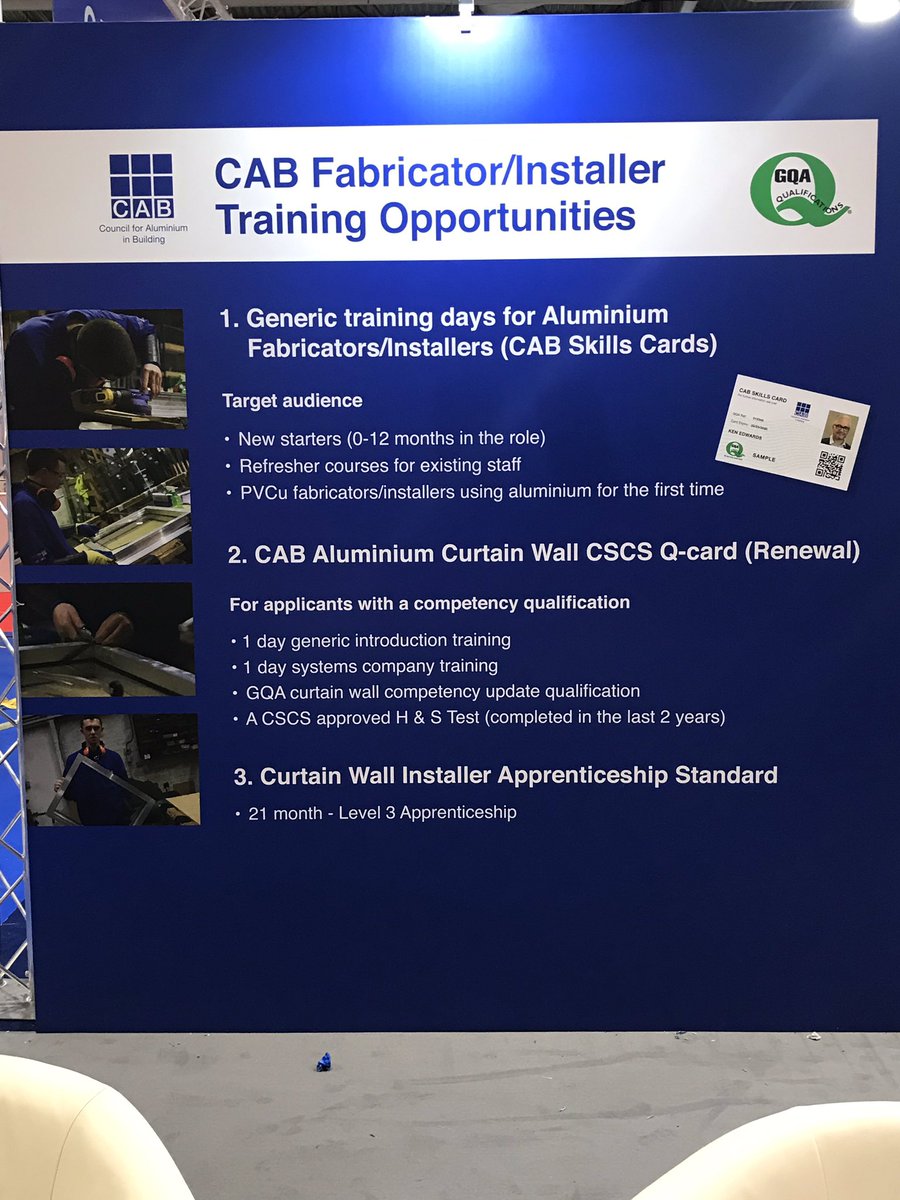 CABaluminium's tweet photo. It’s #SkillsThursday @fitshow so come and talk to @C_A_B1 on the #CABPavilion about our 3 exciting training schemes for #aluminium installers & fabricators @GQAQuals
#WhereEveryoneConnects #UseAluminium #FITShow2019 https://t.co/L3josMqaAb