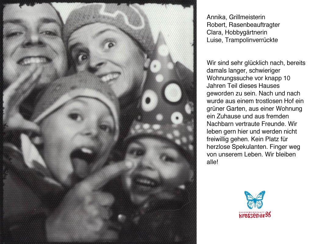 krossener36's tweet photo. WIR WOHNEN HIER - Die #Hausgemeinschaft stellt sich vor ...
3 Zimmer, 4 Menschen und viel gute Laune... 
Zu erleben am #b2505 beim #protestfest in der #Krossener36 
#wirbleibenalle #krossener36bleibt #wirbleibenlaut #DIESEeG https://t.co/uKuHeyMuu9