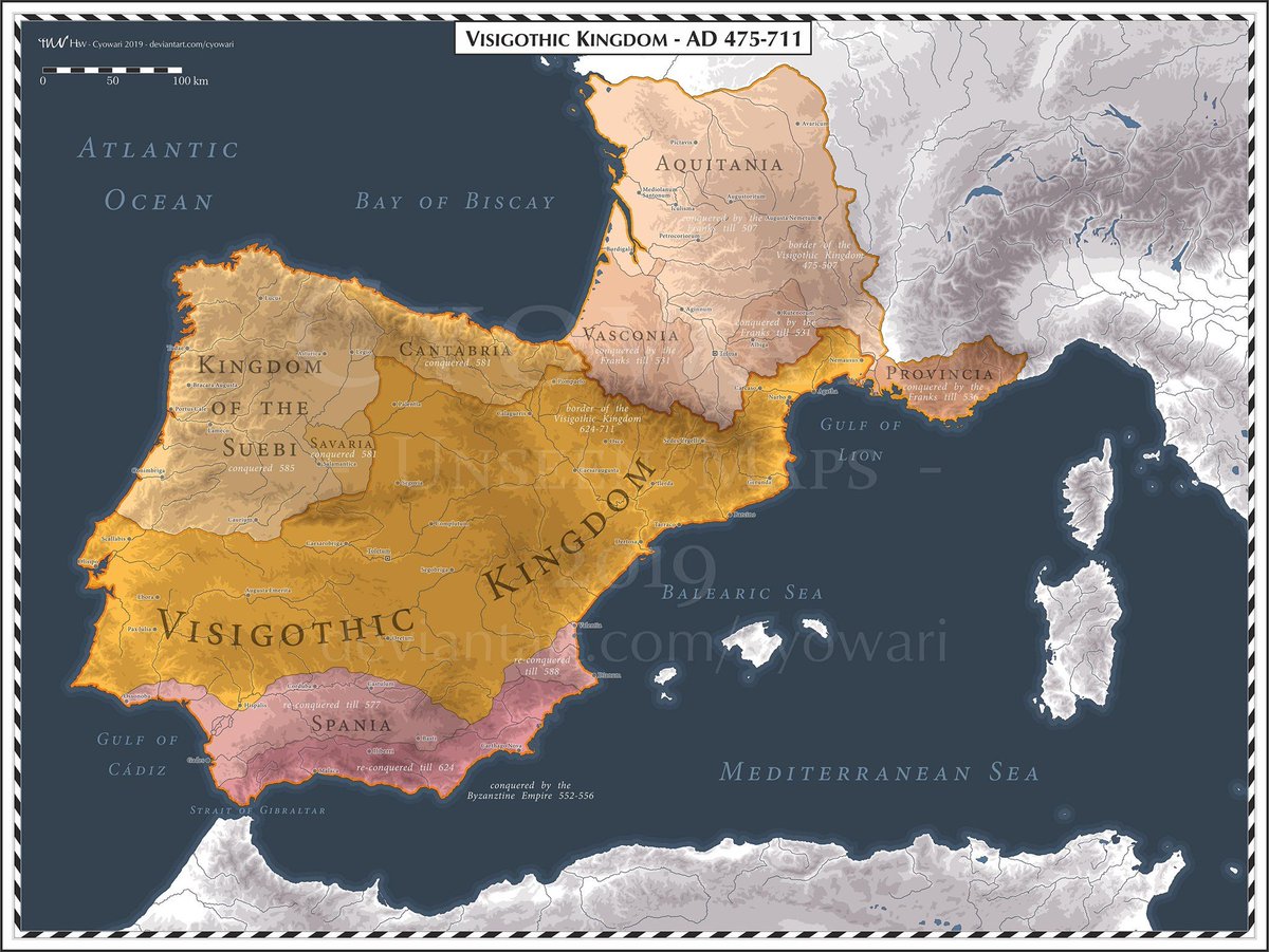 Le royaume wisigothique de 475 à 711. Très belle carte par Cyowari sur @deviantart #MoyenAge #histoire #wisigoths #HautMoyenAge