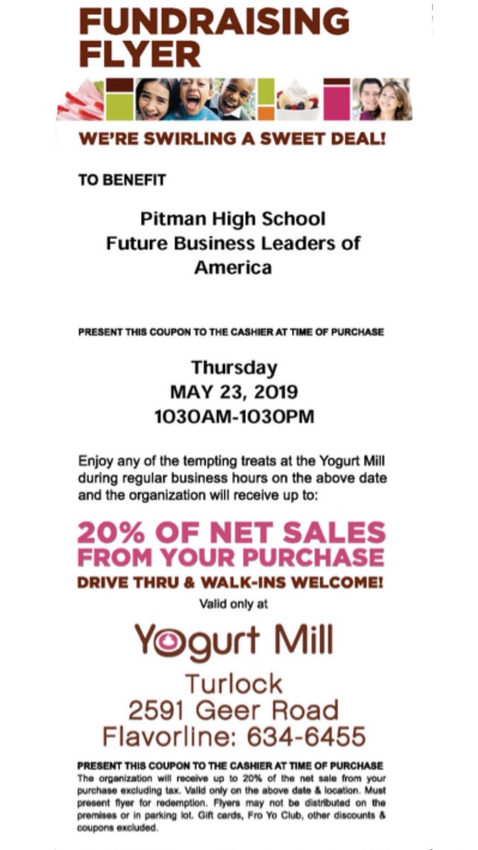 pitmanfbla's tweet photo. THE FUNDRAISER IS TOMORROW! Please please please stop by the Turlock Yogurt Mill tomorrow at anytime and show the workers this flier with your purchase!You can go through the drive-thru or inside! Proceeds go to helping Joelle and Paige go to Nationals!Everything is appreciated💚 https://t.co/5ew4uWsR0i