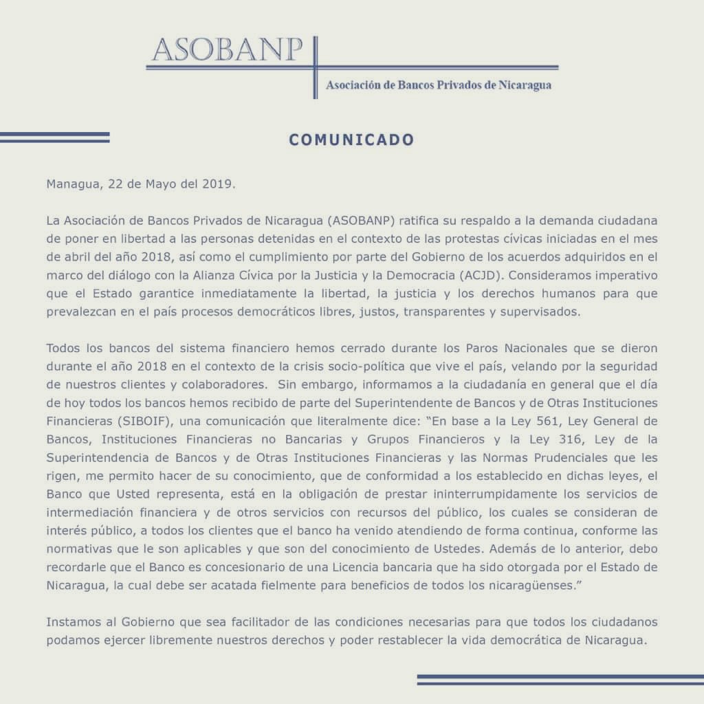CDNN23Nicaragua's tweet photo. Asociación de Bancos Privados de #Nicaragua #Asobanp emite comunicado explicando que #Siboif los regula y no se suman al paro. #SeguimosInformando @LAFISENicaragua @BACCredomaticNi @AvanzNi @BanproNicaragua @FicohsaNi @BDFNicaragua (22 de mayo) @bolsanoti https://t.co/XtBMqYtLP1