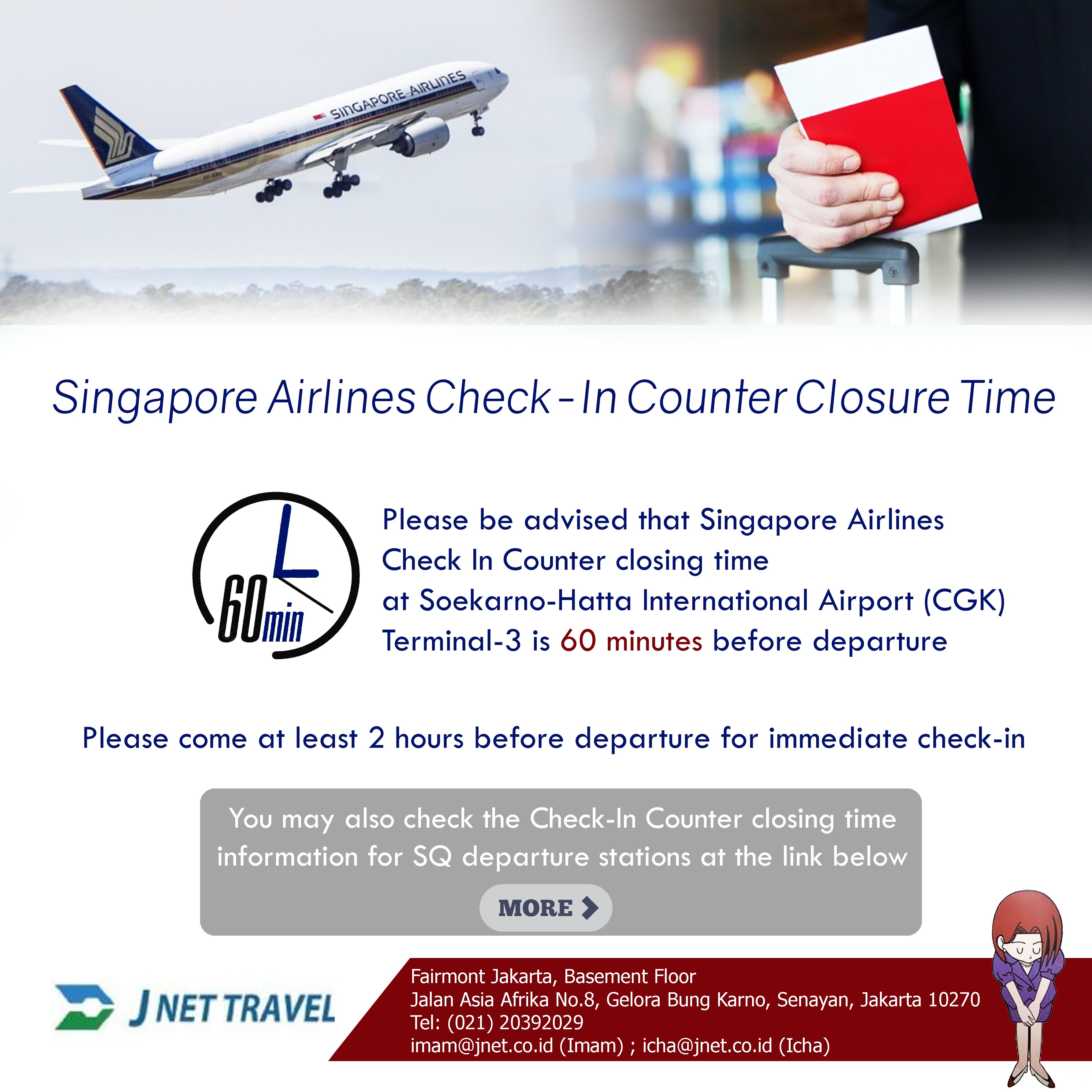 J NET on Twitter: "NEWS : Singapore Airlines (SQ) check-in counter time at Soekarno-Hatta International Airport. / Twitter