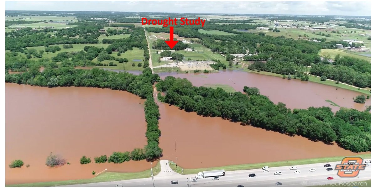 wmhammond's tweet photo. Flooding in Stillwater is already catastrophic, and we're getting drenched again tonight. Here's a screencap from a video by @OSU_USRI at @okstate showing the location of our #WhatKillsTrees drought study going on in the middle of the flood  😬😬😬 https://t.co/bQ8cp8rZby