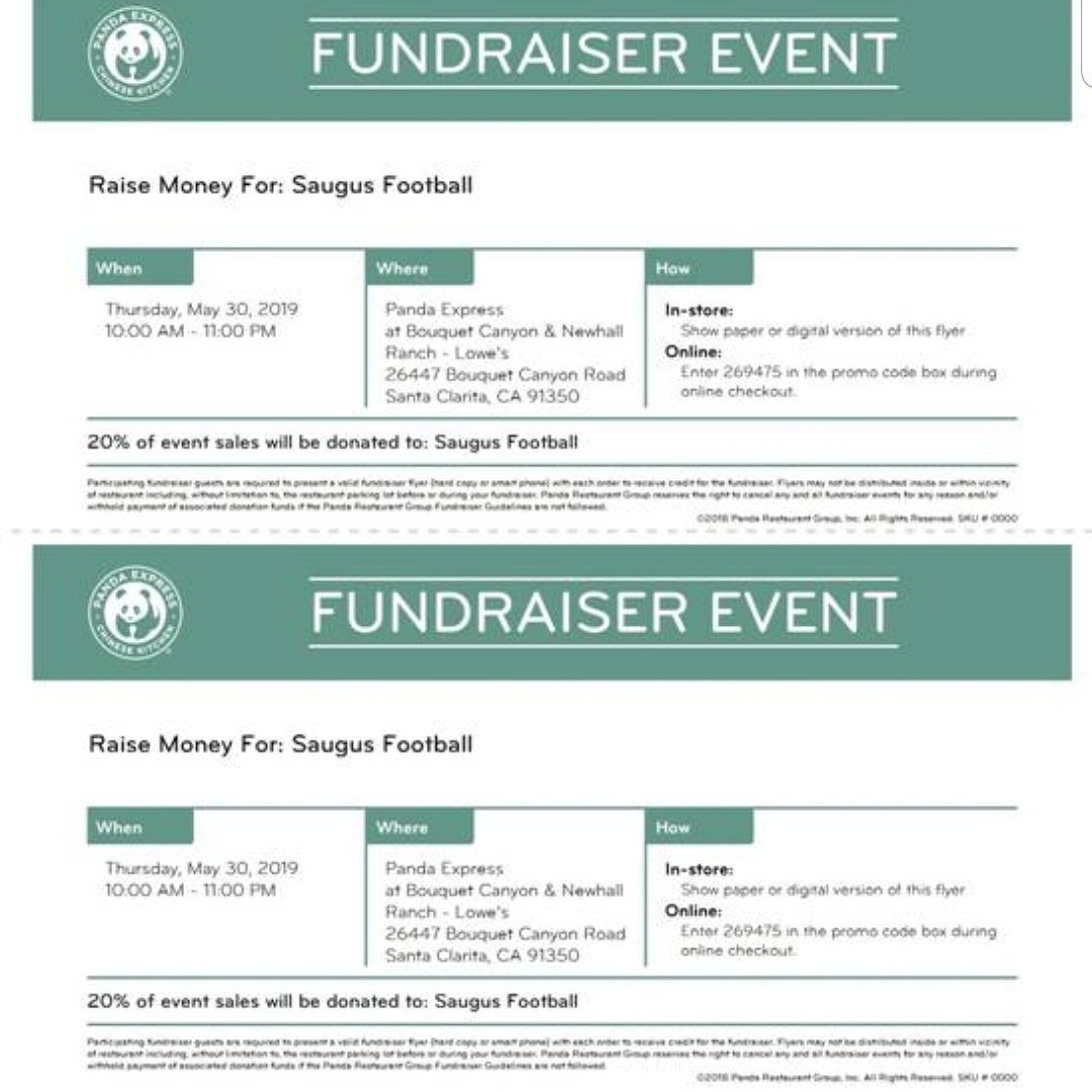 Come out to Panda Express on Bouquet May 30th and support Saugus football!