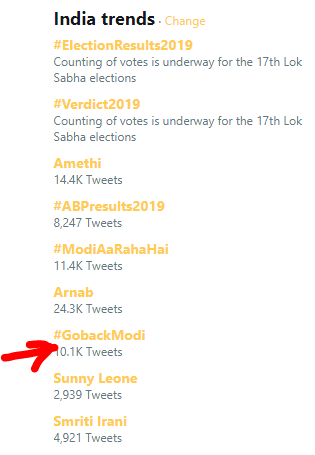 saibhusha's tweet photo. #GobackModi is trending again 😀 inspite of the election result https://t.co/NtAjAB2tSc