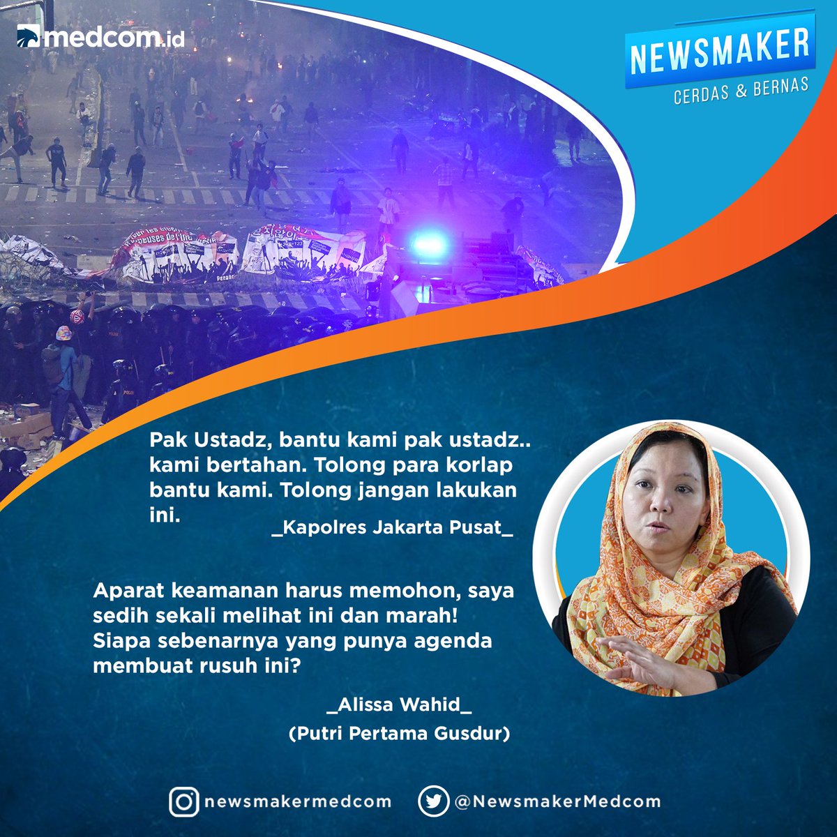 Pak Ustadz, bantu kami pak ustadz...kami bertahan. Tolong para korlap bantu kami. Begitulah momen saat Kapolres Jakarta Pusat menenangkan massa. Adanya hal tsb <a href="/AlissaWahid/">Alissa Wahid</a> memberikan cuitan rasa kekecewaannya. "Aparat keamanan harus memohon, sedih sekali melihat ini &amp; marah."