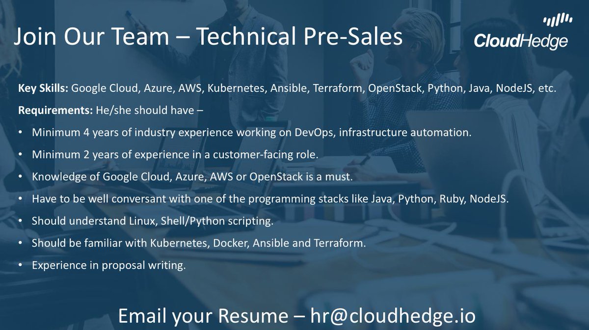 Have impressive client-facing skills and knows how the #cloud ecosystem works? #CloudHedge is hiring #PreSales Engineers, join our team today - buff.ly/2HvS7y3 | #AWS #GCP #Azure #PuneJobs #PuneITJobs #ITSales