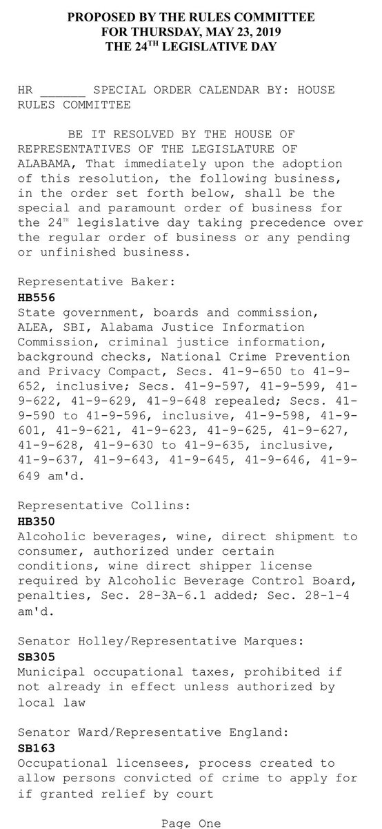 RepEngland70's tweet image. The Alabama House will go back into session later today (5/23) at 9:30 AM. We will be working from the special order calendar attached to this post. Please share, take a look, and let me know what you think. #alabamalegislature #session2019 #alpolitics #specialordercalendar