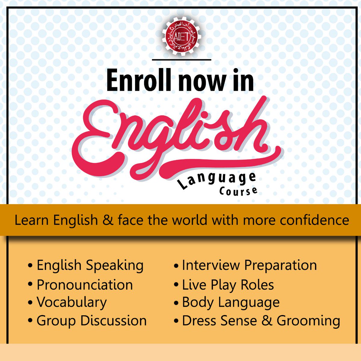 AlamgirIet's tweet image. Enroll now in English Language Course 
#RegistrationIsOpen
#BasicLevel #AdvanceLevel
#2Months
#AIET