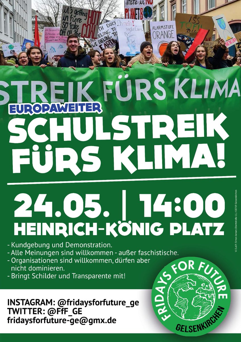 Fridays for Future Gelsenkirchen (@fff_ge) on Twitter photo Am Freitag großer #Klimastreik- auch in #Gelsenkirchen! Zu uns kommen Vertreter von mind. 7 Parteien und werden den Schüler*innen Rede und Antwort stehen! Kommt vorbei. Los geht es aber schon um 12:30 auf dem Bahnhofsvorplatz. #FridaysForFuture #VoteClimate #Europawahl2019 #FFF Am Freitag großer #Klimastreik- auch in #Gelsenkirchen! Zu uns kommen Vertreter von mind. 7 Parteien und werden den Schüler*innen Rede und Antwort stehen! Kommt vorbei. Los geht es aber schon um 12:30 auf dem Bahnhofsvorplatz. #FridaysForFuture #VoteClimate #Europawahl2019 #FFF
