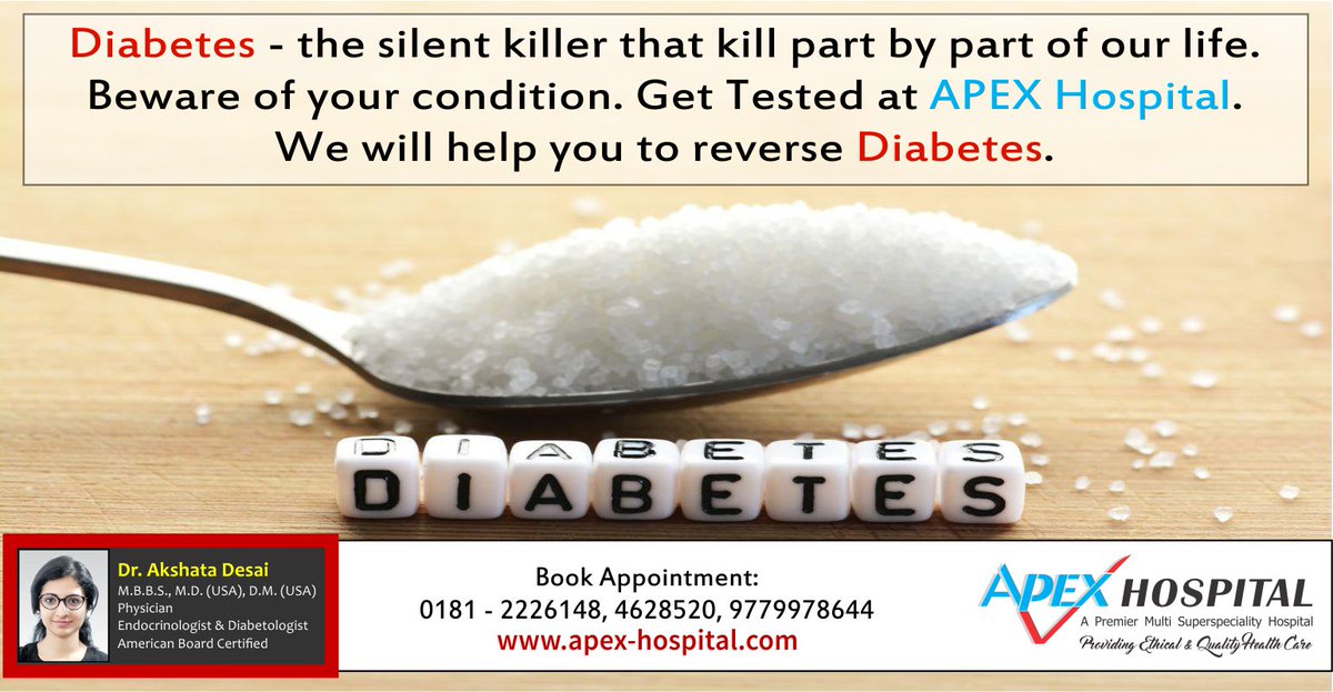Are you at risk for Diabetes?
Get tested at APEX Hospital. Dr. Akshata Desai will help you to reverse #Diabetes.
Book an appointment: +91-9779978644.
#Hospital #DiabetesCauses #DiabetesTreatment #Wellness #Health #Fitness #BeDiabetesFree #ApexHospital #DiabetesHospitalinJalandhar