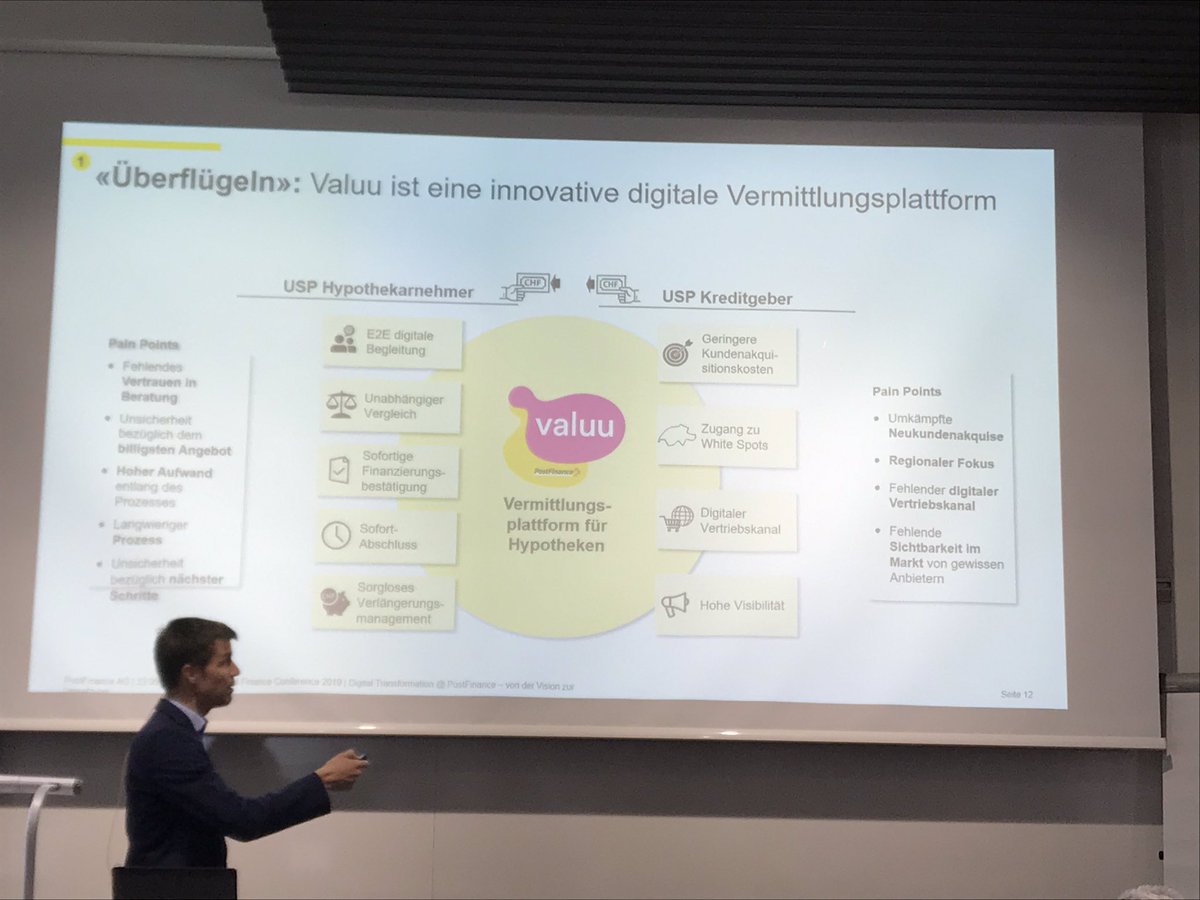 Jonas_epp's tweet photo. Mit @valuuapp will die @PostFinance  zum „überflügeln“ ansetzen. Zwar keine Kredite vergeben, dafür via einer Platform Kredite vermitteln #MarkusSchwab #SDFC19 #ecosystem #credit #platform https://t.co/sdWehEK2zJ