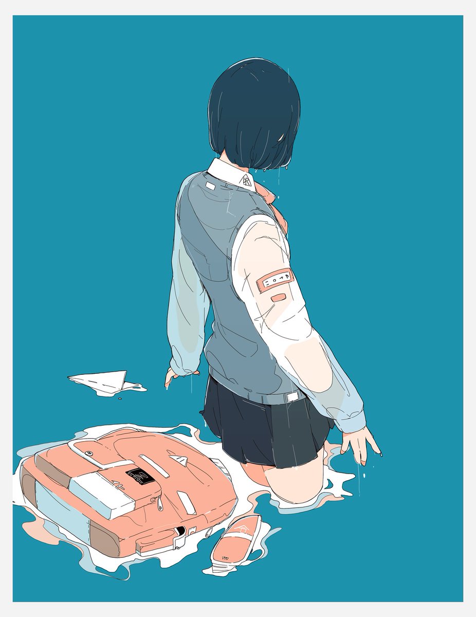 1girl solo skirt long sleeves wading short hair from behind  illustration images