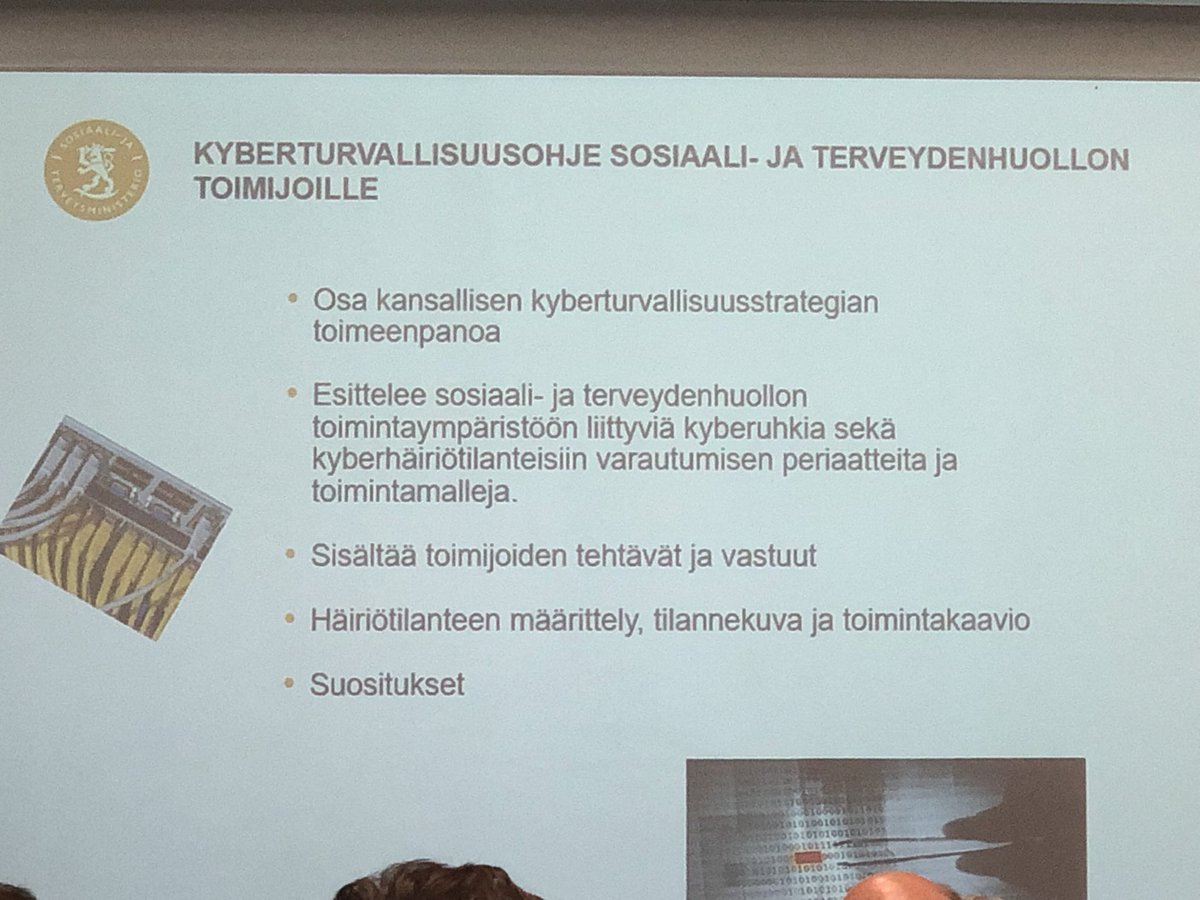 MarjaRaunio's tweet photo. #Kyberturvallisuus kohtaa sosiaali- ja terveydenhuollon: @STM_Uutiset ohje tulossa kesäkuussa. Ohje esittelee  toimintaympäristöön liittyviä kyberuhkia sekä varautumisen periaatteita ja toimintamalleja.
#valmius #varautuminen @STMValmius #valmiusseminaari https://t.co/geex86eOrc