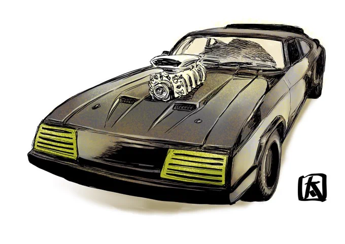 夜のラクガキ。かっちょいい車シリーズで「マッドマックス 2」のインターセプター描きました。リクエストあざます(^^) 