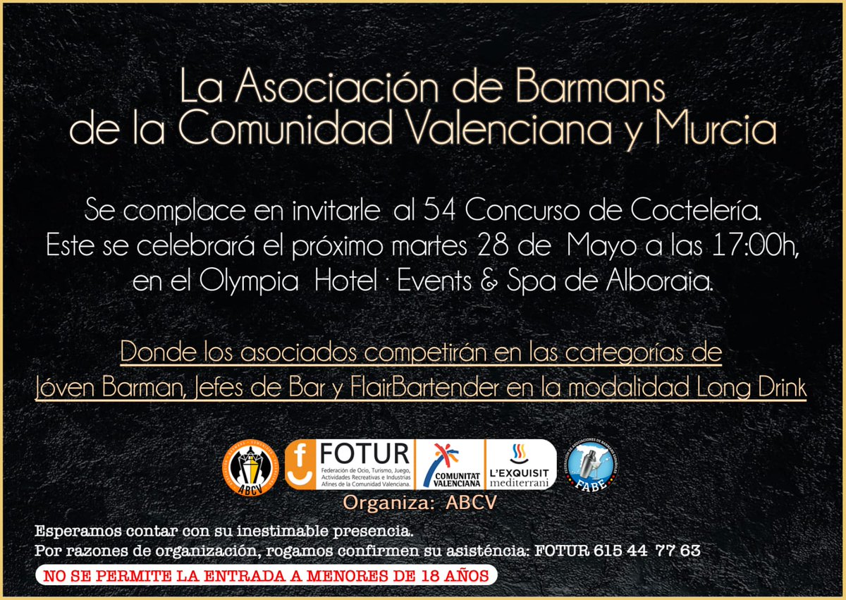 Se acerca....
28 de mayo
17:00
Olympia hotel en Alboraya.
Barmans de Comunidad Valenciana y Murcia se darán cita para decidir quién nos representará en el #CampeonatoNacional
#Navarra2019 #Fabe2019 
¿Ya has confirmado tu asistencia?
615.44.77.63
