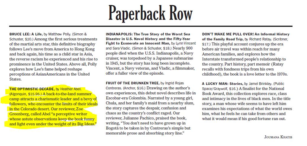 AlgonquinBooks's tweet photo. Congrats to @heatherkabel on #TheOptimisticDecade being featured in @nytimesbooks Paperback Row! โA perceptive writer whose astute observations keep the book funny and light even under the weight of its Big Ideas.โ https://t.co/Bq855ovH7t https://t.co/WphMCXCd6F
