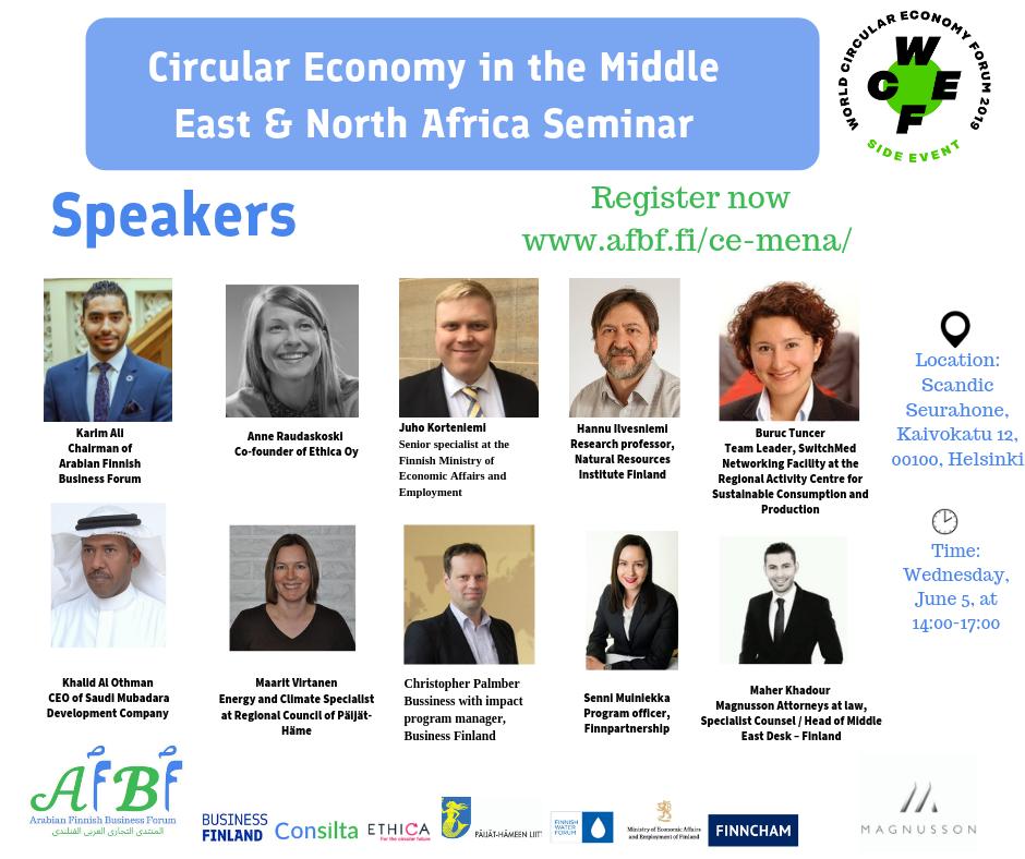 krm3li's tweet image. Meet "Circular Economy in the Middle East seminar" speakers.  
Register now here afbf.fi/ce-mena/
#circulareconomy #kiertotalous #WCEF2019 #WCEF #الاقتصاد_الدائري