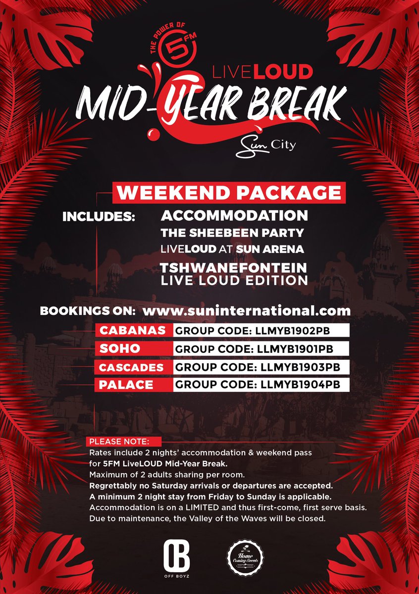 HomeComingEvent's tweet photo. Live Loud Mid - Year Break is still a huge red circle on our calendar! Weβre going to Sun City! π
Get your weekend packages from https://t.co/syyRDUrUUI / https://t.co/2kblN3r3ex
Packages include(for 2 adults):
Access to all 3 events
2 nights Accomm+ breakfast
#LLMYB
#FonCity https://t.co/rr2nby0sLW