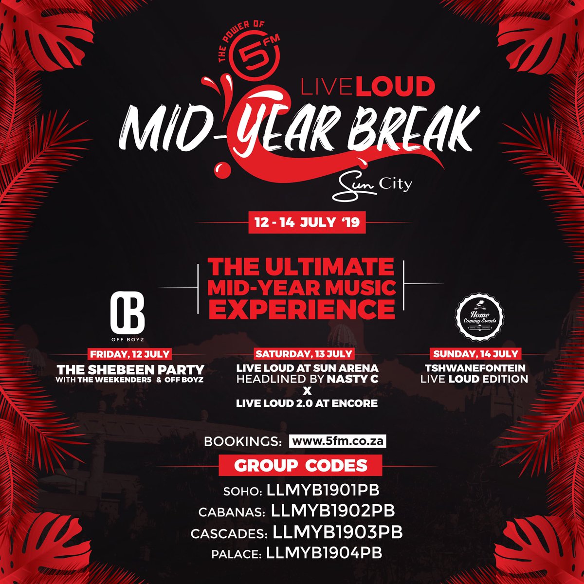 HomeComingEvent's tweet photo. Live Loud Mid - Year Break is still a huge red circle on our calendar! Weβre going to Sun City! π
Get your weekend packages from https://t.co/syyRDUrUUI / https://t.co/2kblN3r3ex
Packages include(for 2 adults):
Access to all 3 events
2 nights Accomm+ breakfast
#LLMYB
#FonCity https://t.co/rr2nby0sLW