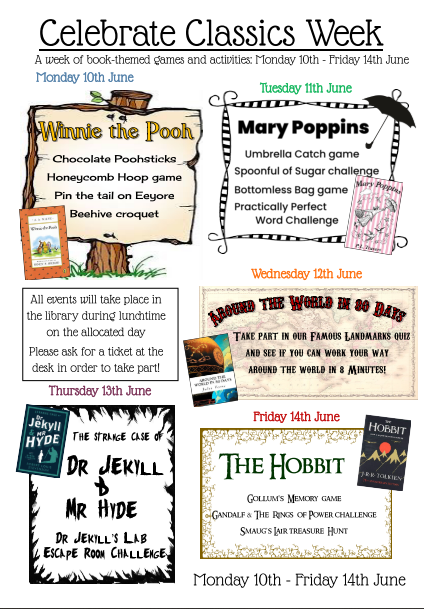 FairfaxSchool's tweet photo. LIBRARY NEWS: Celebrate Classics Week from 10th – 14th June. Every lunchtime, the student librarians will be running activities &amp; challenges based upon a different classic book, with prizes. Sign up to take part in the Library from Monday 3rd June. #fairfaxlibrary https://t.co/8qBOEycja7