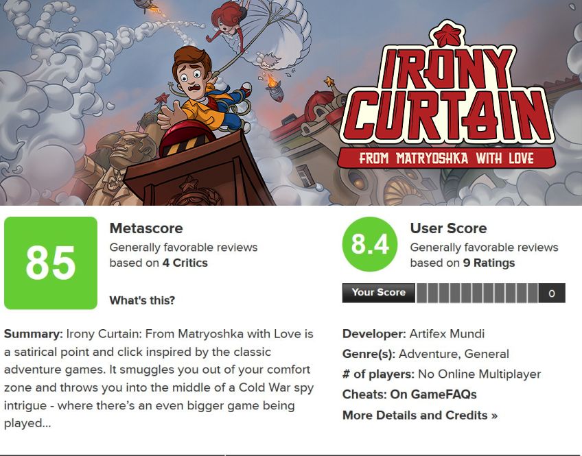 Woo-hoo! :D Thank you, dear Agents and Matryoshkans! 
And if you'd like to know why people love Irony Curtain - you can get it here: 
🚩Irony Curtain on Steam ➡️ goo.gl/HcBdoy
🚩Irony Curtain on GOG ➡️ bit.ly/307j0B6 metacritic.com/game/pc/irony-…
