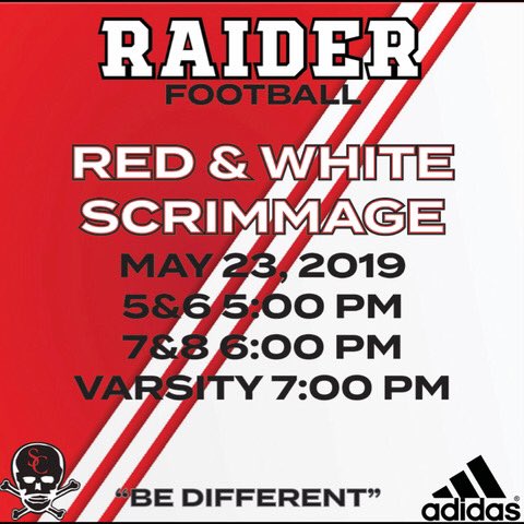 bobiewoodward's tweet photo. Come out for the first annual Red and White game! We will have over 110 Raiders competing on Corbett Field. #attackwithpurpose #BeDifferent https://t.co/ofjlzoj3Sf