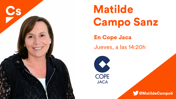 CsJaca_'s tweet photo. 📻 Hoy a las 14:20h. escucha a nuestra candidata a la alcaldía Matilde Campo en Cope Y Cadena 100 - Jaca.
#VamosJaca #VamosMatildeCampo 🍊🍊 https://t.co/qXx3oTWJsx