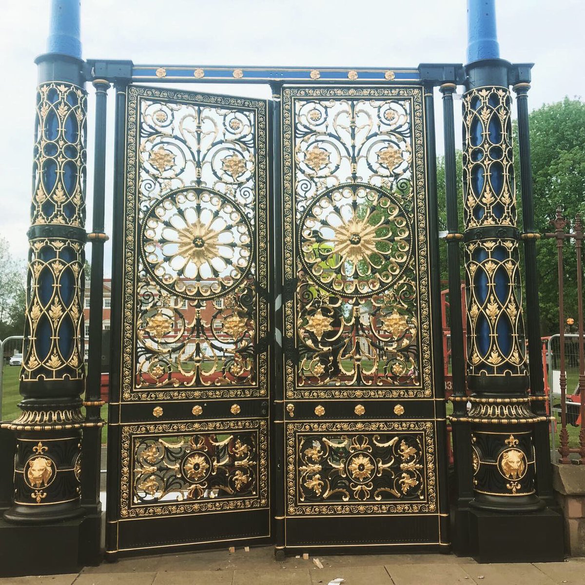 HallConserve's tweet photo. One pair of the lovely Warrington Golden Gates are back home.   Well done to our Hall Conservation team.  #restoration #warrington #warringtongoldengates #conservation #gates #ironwork #ironworkthursday #hallconservation https://t.co/Njpzk5TmU9