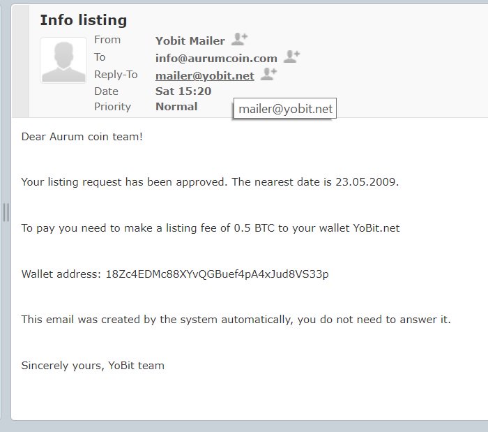 Aurum Coin On Twitter Hello Community Very Sad News We Transferred 0 5 Btc For Listing Yobit Today They Committed There Will Be No Extra Charges And Now Wants 2 More Btc For Aurum Coin On Twitter Hello Community Very Sad News We Transferred 0 5 Btc For Listing Yobit Today They Committed There Will Be No Extra Charges And Now Wants 2 More Btc For